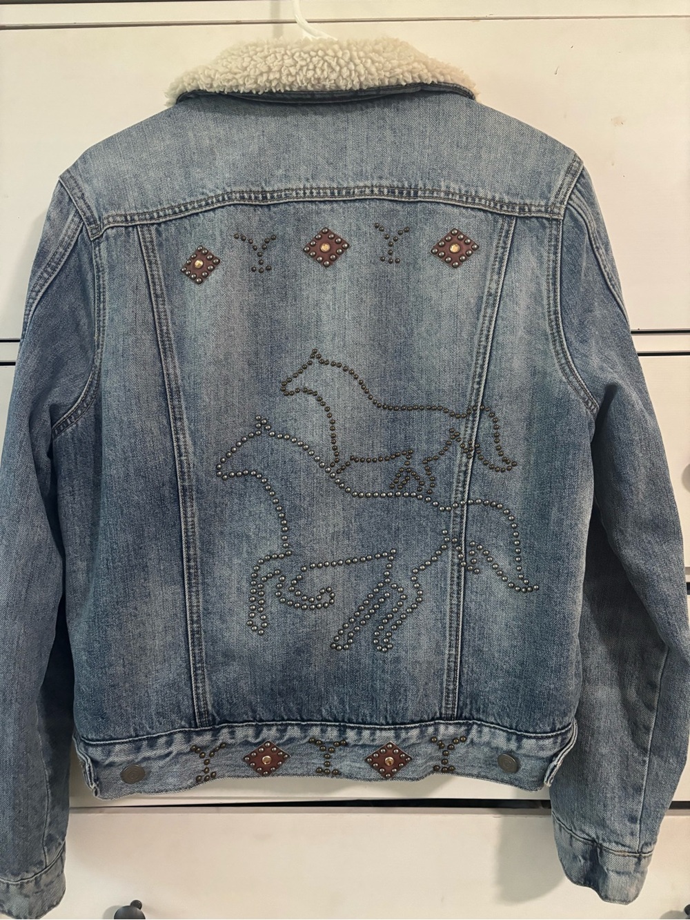 Lucky Brand Light Blue Denim Jacket with Sherpa inside and Stud Horse Motif